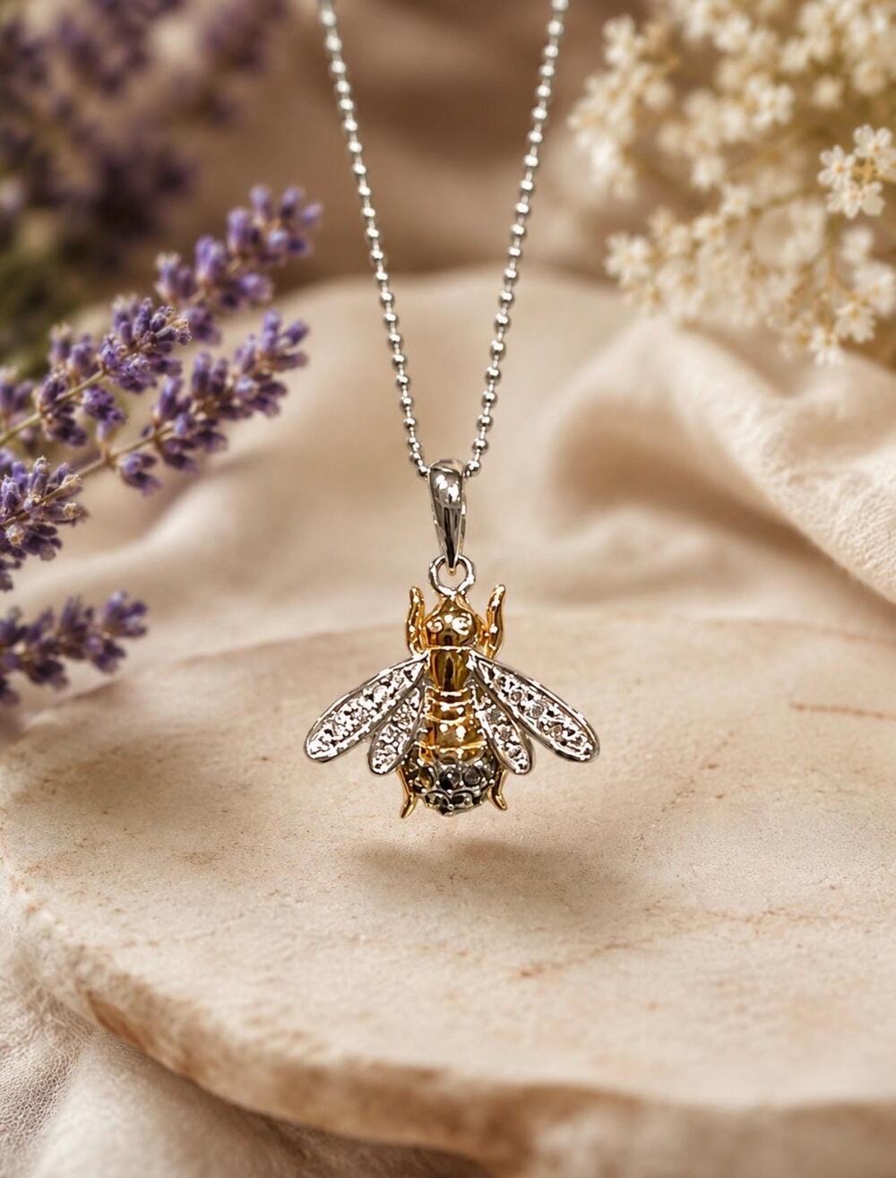 Sterling Silver Crystal Bumble Bee Necklace Two-Tone Gold Pendant, 18-inch Chain
